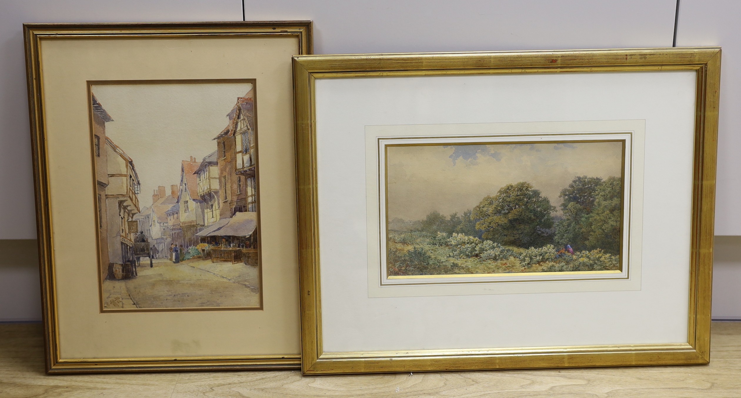 H.B., watercolour, Figures in woodland, signed, 15 x 28cm and a watercolour street scene by another hand, 27 x 19cm